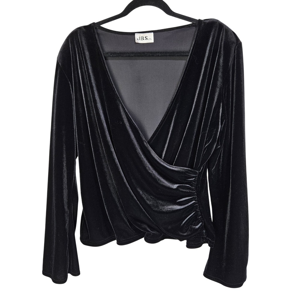 J.B.S. Black Velvet Faux Wrap Ruched Bell Sleeve Top XL Goth Holiday Glam Witchy
